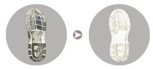 đế giày trước và sau khi đi qua máy vệ sinh đế giày tự động